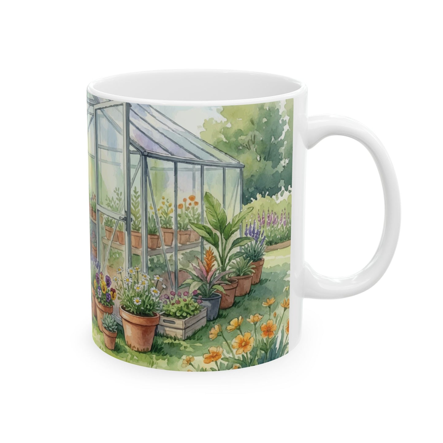 Greenhouse Garden Ceramic Mug | Plant Lover Mug with Cat | Vegan & Cat Lover Gift