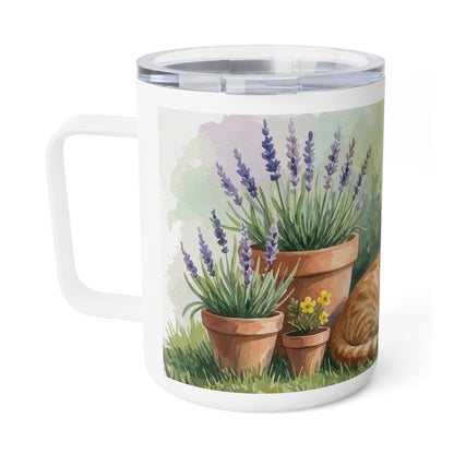 Garden Cat Watercolor Mug | Orange Cat Insulated Travel Mug | Cozy Cat Lover Gift