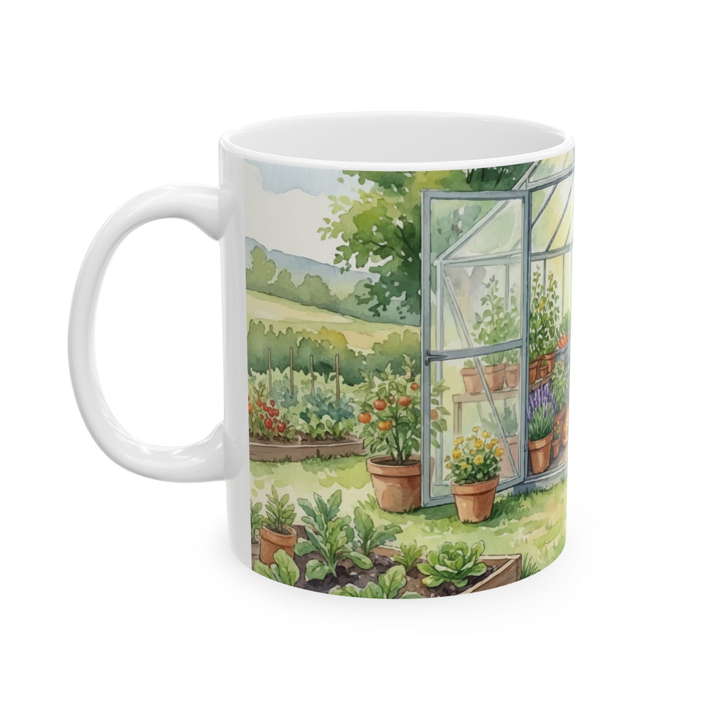 Greenhouse Garden Ceramic Mug | Plant Lover Mug with Cat | Vegan & Cat Lover Gift