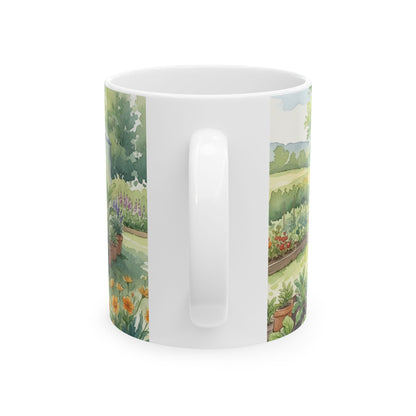 Greenhouse Garden Ceramic Mug | Plant Lover Mug with Cat | Vegan & Cat Lover Gift