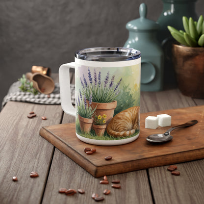 Garden Cat Watercolor Mug | Orange Cat Insulated Travel Mug | Cozy Cat Lover Gift