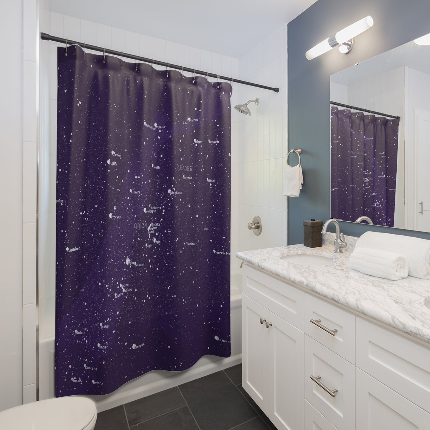 Purple Galaxy Shower Curtain | Celestial Star Map Curtain | Astronomy Bathroom Decor