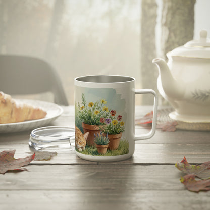 Garden Cat Watercolor Mug | Orange Cat Insulated Travel Mug | Cozy Cat Lover Gift