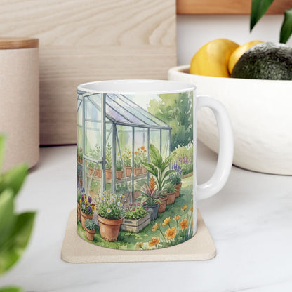 Greenhouse Garden Ceramic Mug | Plant Lover Mug with Cat | Vegan & Cat Lover Gift