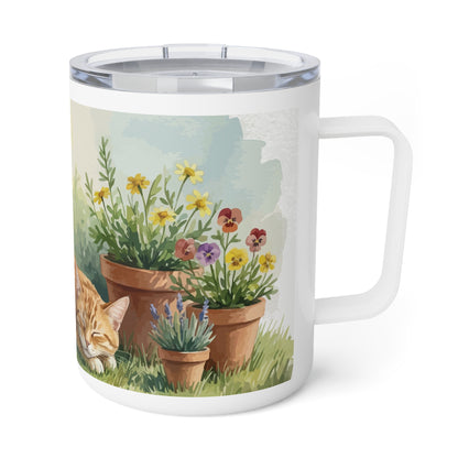 Garden Cat Watercolor Mug | Orange Cat Insulated Travel Mug | Cozy Cat Lover Gift