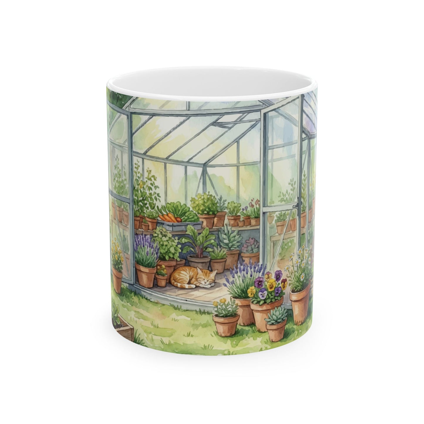 Greenhouse Garden Ceramic Mug | Plant Lover Mug with Cat | Vegan & Cat Lover Gift