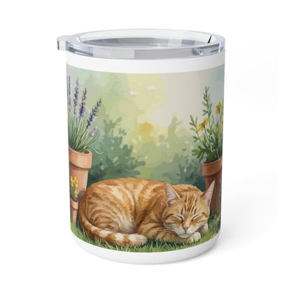 Garden Cat Watercolor Mug | Orange Cat Insulated Travel Mug | Cozy Cat Lover Gift